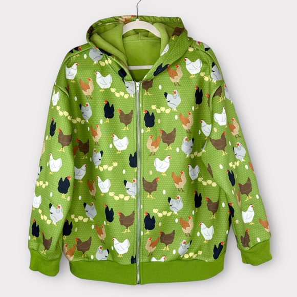 Lime Green Chicken Print Full-Zip Hoodie XL Fleece Lined Rooster Chicks Farm - Picture 10 of 10